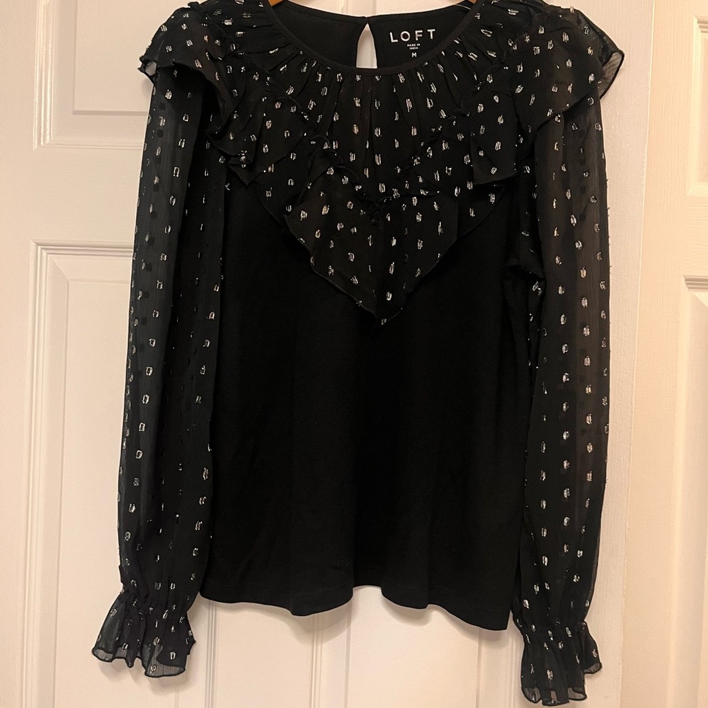 LOFT Black Sheer Sleeve Blouse with Ruffles